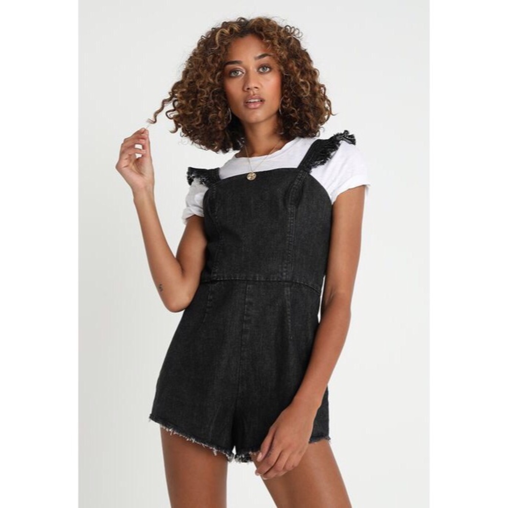 Black Denim Washed Ruffle Romper